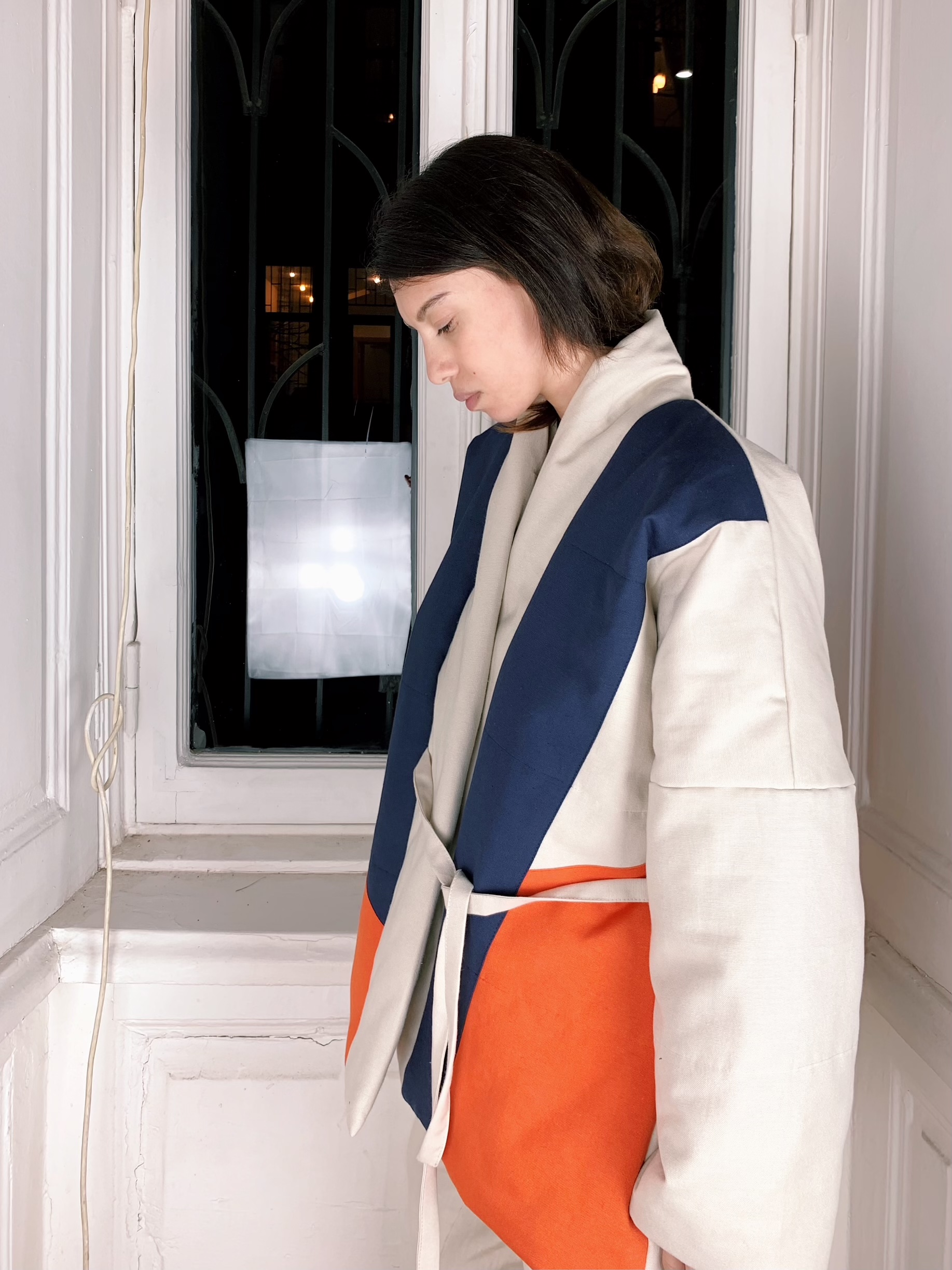MULTICOLORED WINTER KIMONO JACKET WITH BLUE DETAILS